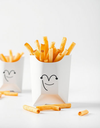 French fries in a paper cup with a smiley face on a white backgroundの写真素材