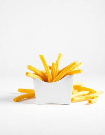 Golden French fries in a white paper box on a white background.