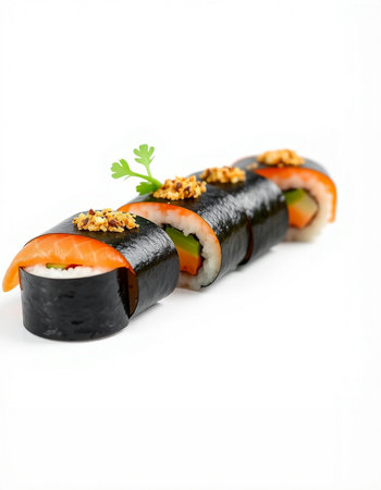 Sushi roll with salmon, cucumber and cream cheese on white backgroundの写真素材
