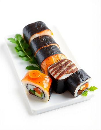 Japanese Cuisine - Sushi Roll with Salmon, Cream Cheese and Raw Salmon insideの写真素材