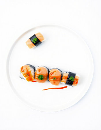 Sushi rolls on a white plate isolated on a white background.の写真素材