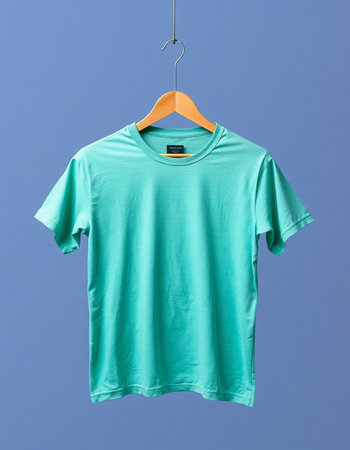 Blue t-shirt hanging on wooden hanger over blue background.の写真素材