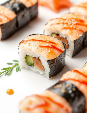 Japanese Cuisine - Sushi Roll with Salmon, Cream Cheese and Raw Salmon inside. Tobiko outsideの写真素材