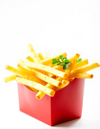 French fries in a red box isolated on white background. Selective focus.の写真素材