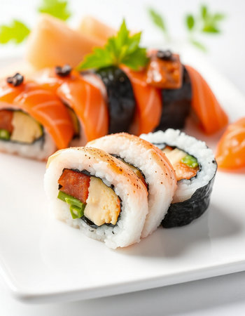 Japanese Sushi - Roll with Salmon, Cream Cheese and Raw Salmon insideの写真素材