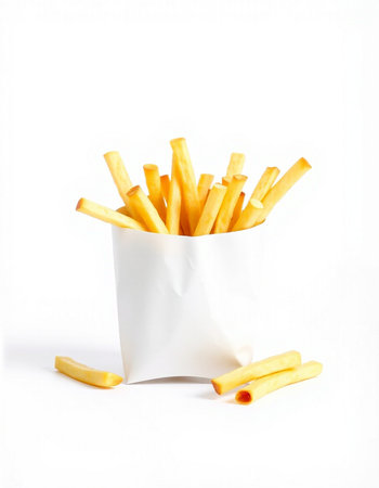 French fries in paper box isolated on white background. Selective focus.