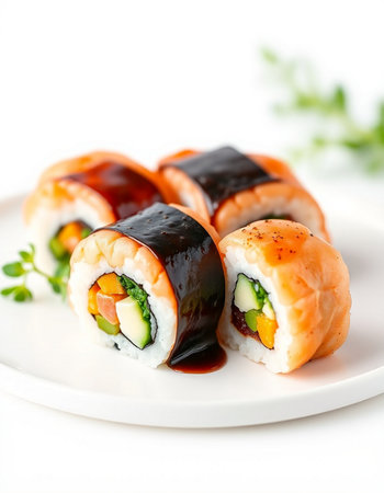 Sushi roll with salmon, avocado, cucumber and cream cheeseの写真素材