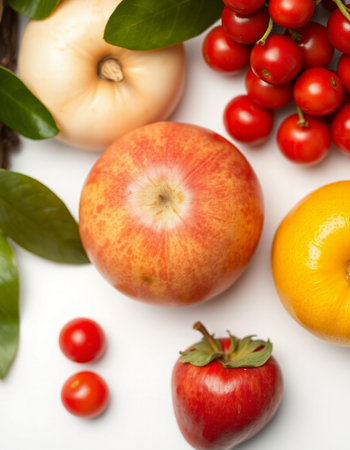Fresh fruits and vegetables on white background, top view. Healthy foodの写真素材