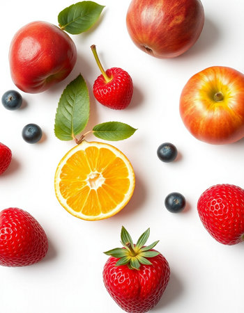 Flat lay composition with different fresh fruits on white background, top view