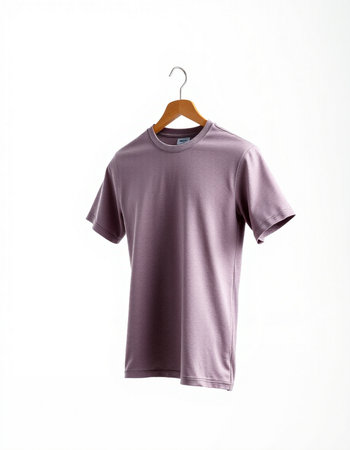 purple t-shirt on wood hanger isolated on white backgroundの写真素材