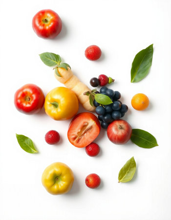 Fresh fruits and vegetables on white background, top view. Healthy food