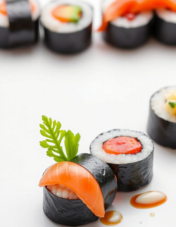 Sushi Set - Sushi Roll with Shrimps, Salmon, Cream Cheese and Raw Salmon insideの写真素材