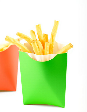 French fries in paper box isolated on white background. Selective focus.