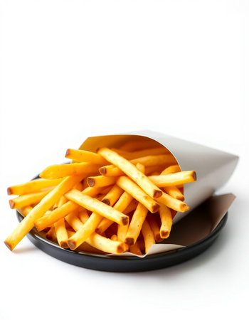 French fries in a paper box isolated on white background. Selective focus.