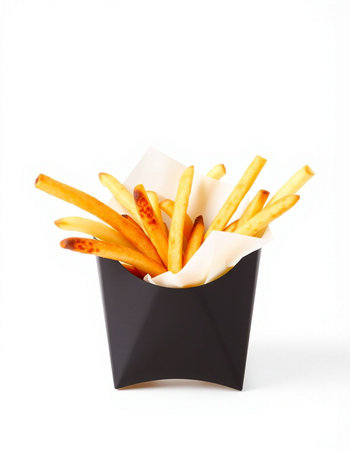 French fries in paper box isolated on white background. Fast food.の写真素材