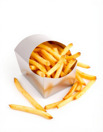 French fries in a paper box on a white background. Selective focus.