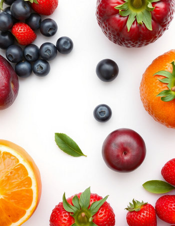 Fruits and berries on white background. Top view. Flat lay