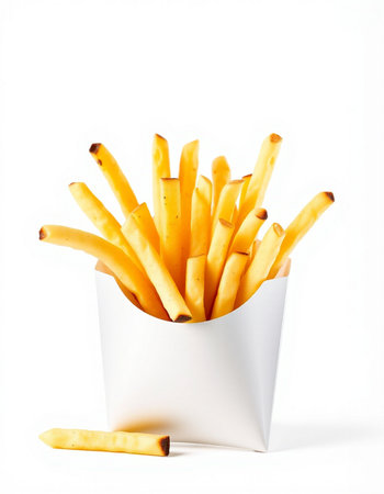 French fries in white box isolated on white background. Fast food.