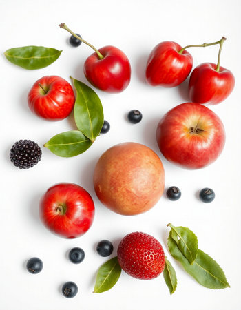 Red apples, blueberries, strawberries and blackberries on white backgroundの写真素材