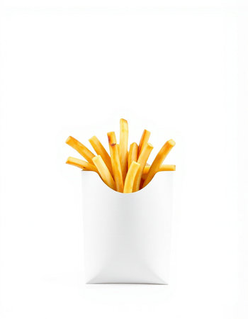 French fries in a white paper bag isolated on a white background.