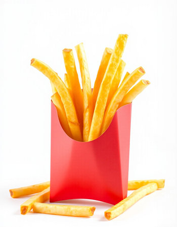 French fries in a red box on a white background, fast food