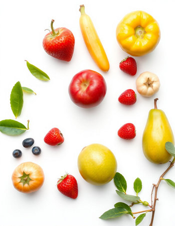 Fresh fruits and vegetables isolated on white background. Top view. Flat lay