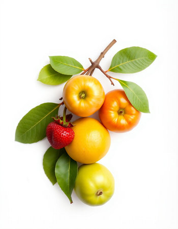Fruits isolated on white background. Healthy food concept. Top viewの写真素材