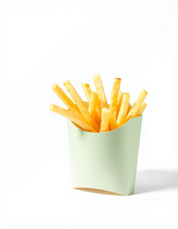 French fries in a paper box on a white background. Fast food.