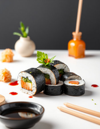 Sushi roll with salmon, avocado, cucumber, cream cheese and sauce on white backgroundの写真素材