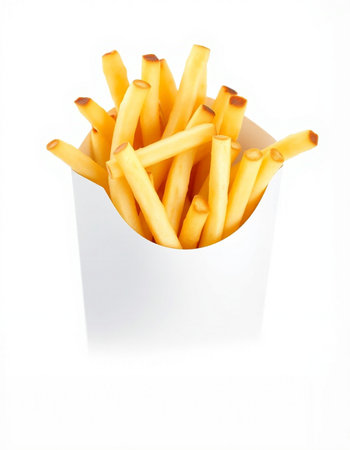 French fries in a white box on a white background. Isolated