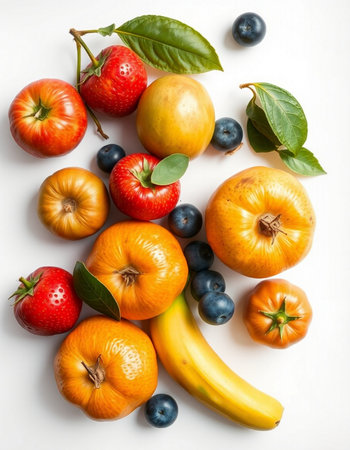 Fruits and vegetables on a white background. Flat lay, top viewの写真素材