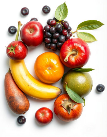 Fresh fruits and vegetables isolated on white background. Healthy food concept.の写真素材