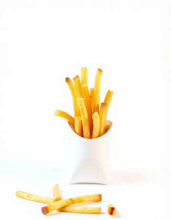 French fries in a white cup on a white background. Isolated