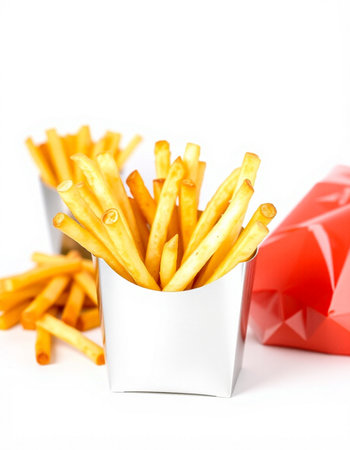 French fries in paper box isolated on white background, shallow depth of field