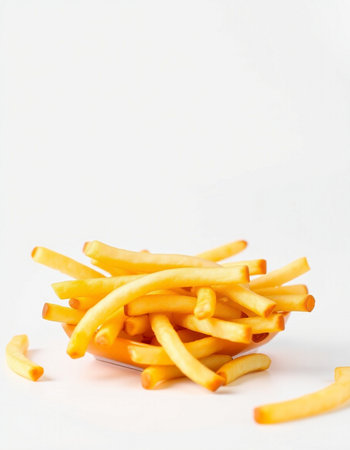 Golden French fries potatoes on a white background with space for text.