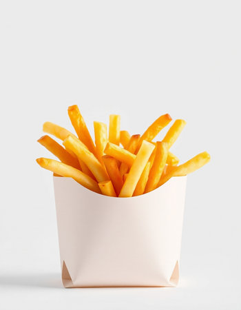 French fries in paper box on white background. Fast food concept.
