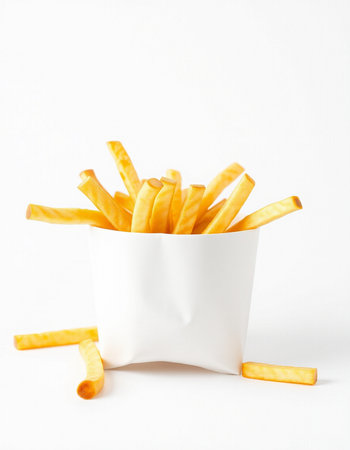 French fries in a paper cup on a white background. Fast food.