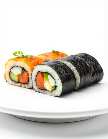 Sushi roll with salmon, cucumber and cream cheese on white backgroundの写真素材