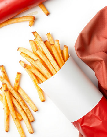 French fries with a red cloth on a white background, top view