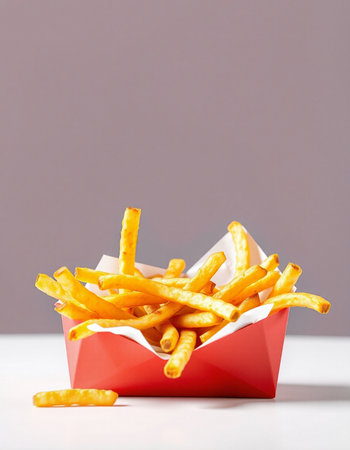 French fries in a red box on a white table and gray background