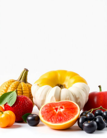 Fresh fruits and vegetables isolated on white background. Healthy food concept.