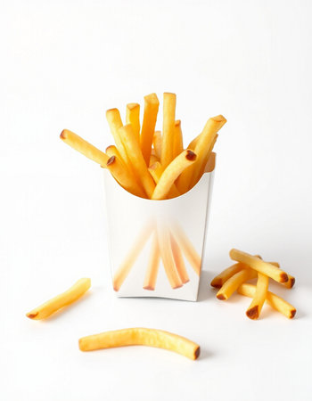 French fries in a paper box on a white background. Fast food.