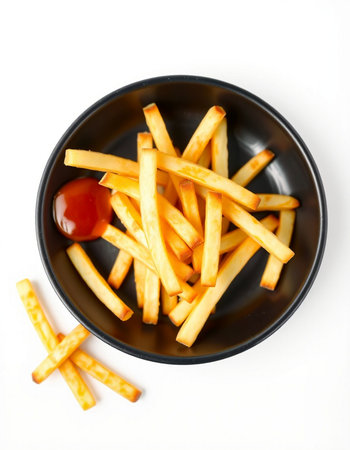 French fries with ketchup on a white background. Top view.の写真素材