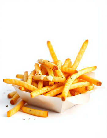 French fries in a bowl on a white background. Selective focus.