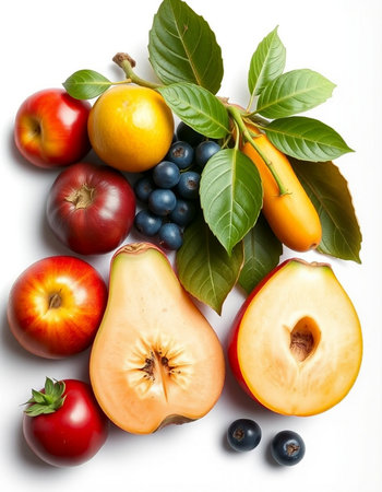 Fruits and vegetables isolated on white background. Healthy eating concept.の写真素材