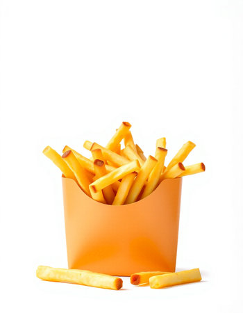 Golden French fries in orange box isolated on white background. Selective focus.