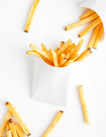 French fries in paper box on white background. Flat lay, top view