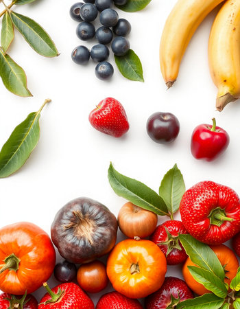 Fresh fruits and vegetables isolated on white background. Top view. Flat lay.の写真素材