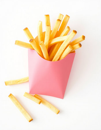 French fries in a pink box on a white background, close-upの写真素材