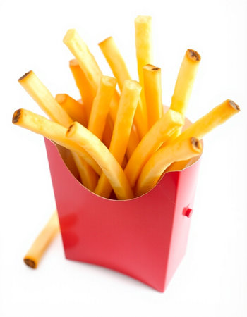 French fries in a red box isolated on white background. Selective focus.